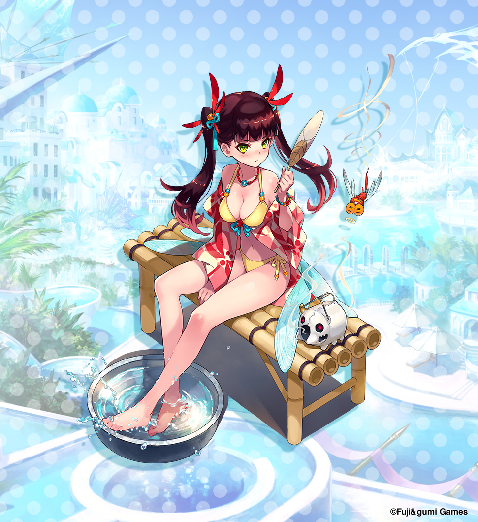 1girl arm_support barefoot basin bench bikini black_hair blunt_bangs blush bracelet breasts bug cleavage closed_mouth commentary copyright_notice da-kuro dragonfly full_body green_eyes hair_ornament hand_fan holding holding_fan insect jewelry kayari_buta long_hair looking_at_viewer navel necklace official_alternate_costume official_art paper_fan phantom_of_the_kill red_hair second-party_source side-tie_bikini_bottom sitting solo summer swimsuit thighs tonbokiri_(phantom_of_the_kill) twintails uchiwa yellow_bikini