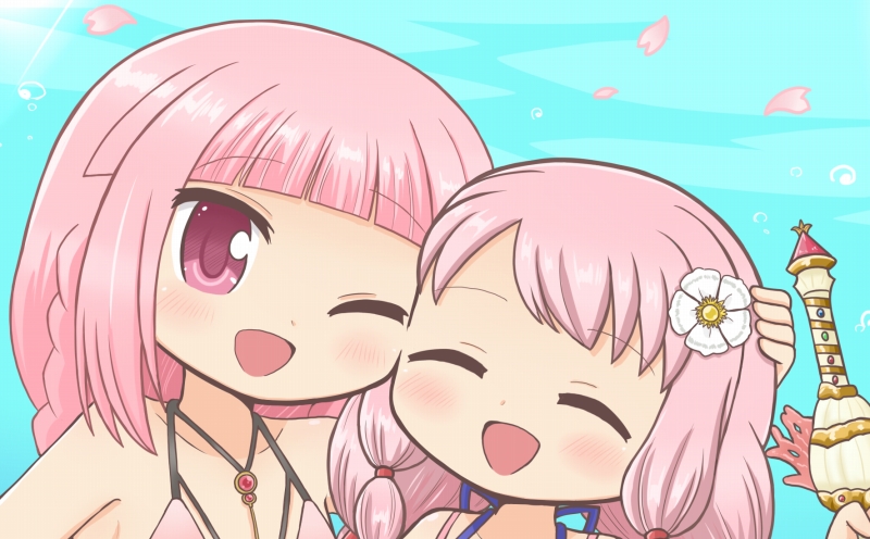 2girls :d ;d ^_^ air_bubble bad_id bad_twitter_id bikini blunt_bangs blush braid bubble cheek-to-cheek closed_eyes dot_nose flower hair_flower hair_ornament halterneck hand_on_another&#039;s_head happy heads_together jewelry long_hair magia_record:_mahou_shoujo_madoka_magica_gaiden mahou_shoujo_madoka_magica medium_hair multiple_girls official_alternate_costume one_eye_closed open_mouth petals pink_bikini pink_eyes pink_hair reverse_(bluefencer) siblings sidelocks sisters smile swimsuit tamaki_iroha tamaki_iroha_(swimsuit_ver.) tamaki_ui tamaki_ui_(swimsuit_costume) upper_body white_flower