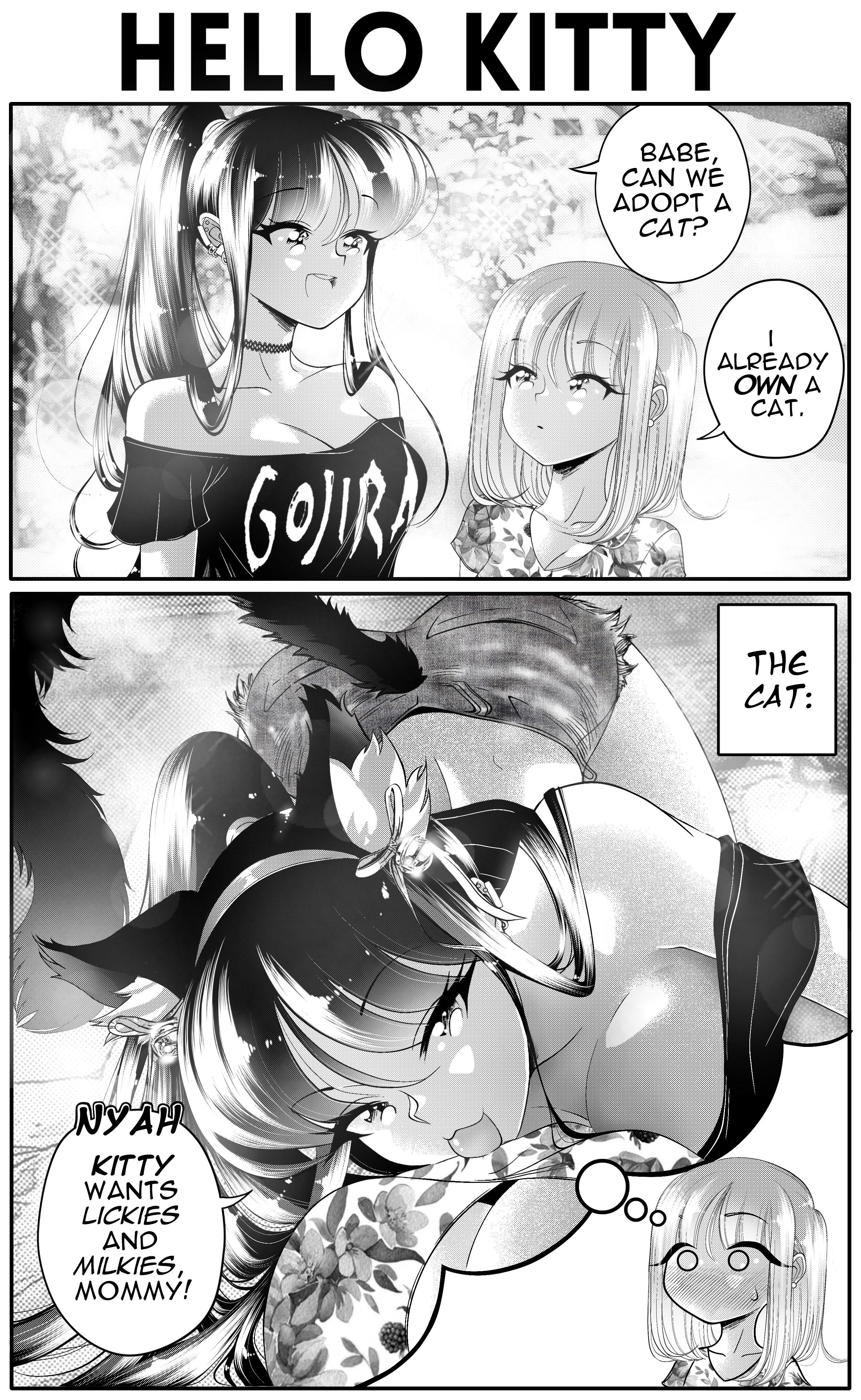 2girls 2koma absurdres animal_ears assertive_female band_shirt blush breasts cat_ears cat_tail chibi chibi_inset choker clothes_writing clothing_cutout comic commentary couple cutoffs denim denim_shorts downblouse english_commentary english_text female_pov full-face_blush gojira_(band) greyscale grs- height_difference highres imagining kemonomimi_mode large_breasts long_hair medium_hair meme merchandise monochrome multiple_girls o_o off-shoulder_shirt off_shoulder original ponytail pov right-to-left_comic shirt sharon_(grs-) shorts speech_bubble tail tail_through_clothes talia_(grs-) tongue tongue_out we_have_food_at_home_(meme) yuri