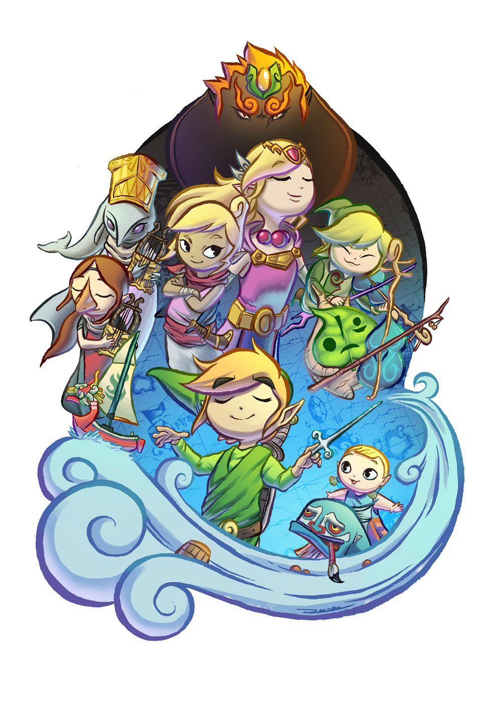 4girls 5boys aryll blonde_hair cello closed_eyes everyone fado_(wind_waker) fishman_(zelda) ganondorf hat highres holding holding_instrument holding_lyre instrument laruto link lyre makar medli multiple_boys multiple_girls nintendo pointy_ears princess_zelda randallrandom rito rupee_(zelda) tetra the_king_of_red_lions the_legend_of_zelda the_legend_of_zelda:_the_wind_waker toon_link toon_zelda waves white_background wind_waker_(object)