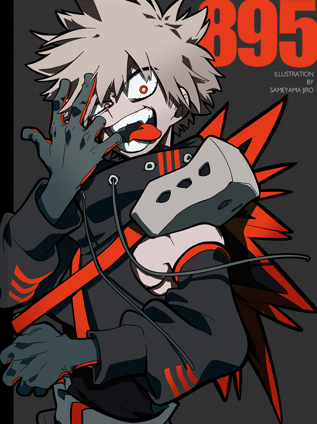 1boy artist_name bakugou_katsuki bloodshot_eyes boku_no_hero_academia drawstring gloves grey_background highres long_sleeves looking_at_viewer male_focus open_mouth red_eyes sameyama_jiro short_hair simple_background solo spiked_hair teeth tongue tongue_out upper_body