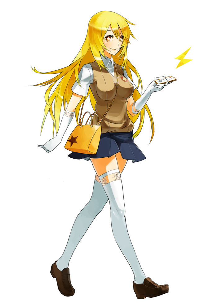 +_+ 1girl bag blonde_hair breasts brown_eyes chain controller elbow_gloves female_focus gajuumaru gloves handbag impossible_clothes lightning_bolt_symbol long_hair looking_at_viewer pleated_skirt remote_control school_uniform shokuhou_misaki short_sleeves simple_background skindentation skirt smile solo spider_web_print star_(symbol) sweater_vest symbol-shaped_pupils thighhighs toaru_kagaku_no_railgun toaru_majutsu_no_index toaru_majutsu_no_index_gaiden:_toaru_kagaku_no_mental_out tokiwadai_school_uniform walking white_background white_gloves white_thighhighs zettai_ryouiki