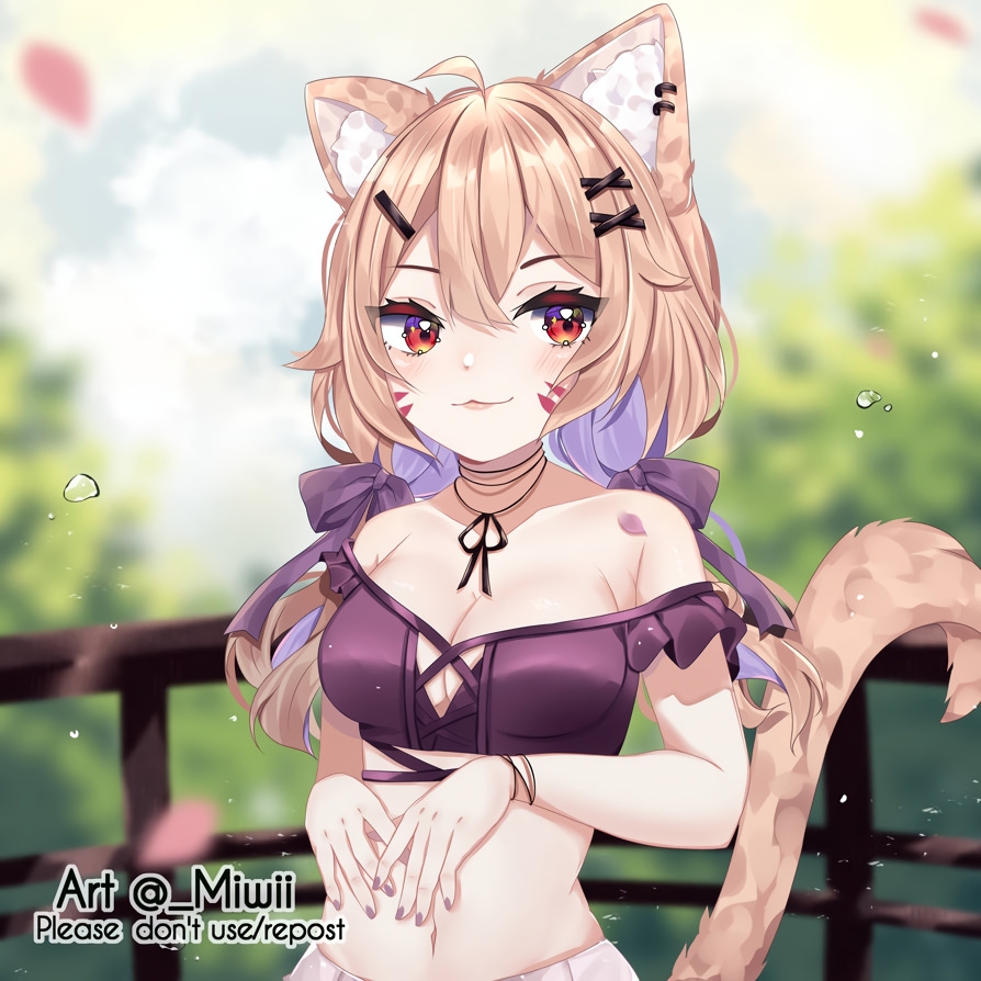 1girl :3 ahoge animal_ears bare_shoulders blonde_hair bow breasts cat_ears cat_tail choker cleavage commentary crop_top english_commentary facial_mark hair_bow hair_ornament hairclip long_hair looking_at_viewer medium_breasts midriff miwiichi nail_polish navel off-shoulder_shirt off_shoulder purple_bow purple_nails purple_shirt railing red_eyes shirt short_sleeves shyrei_faolan smile solo stomach tail upper_body virtual_youtuber vyugen whisker_markings
