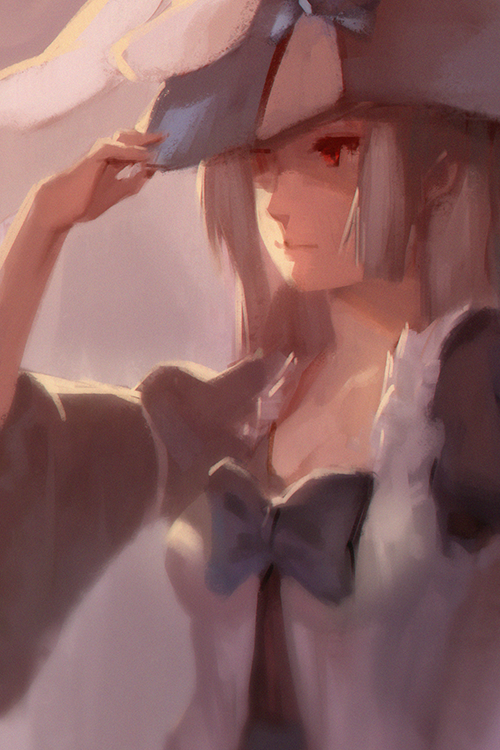 1girl 3four animal_ears bow breasts dress female_focus hat irisu_kyouko irisu_shoukougun! long_hair rabbit_ears red_eyes solo white_hair witch_hat