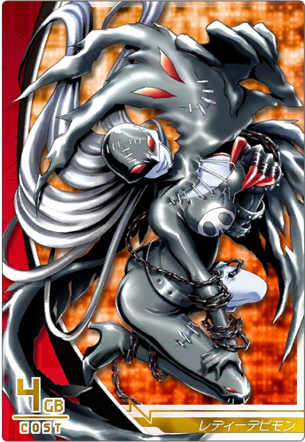 1girl ass breasts chain chain_around_arm cleavage cleavage_reach demon demon_girl digimon digimon_(creature) digimon_crusader fallen_angel ladydevimon large_breasts long_hair mask official_art solo source_request white_hair