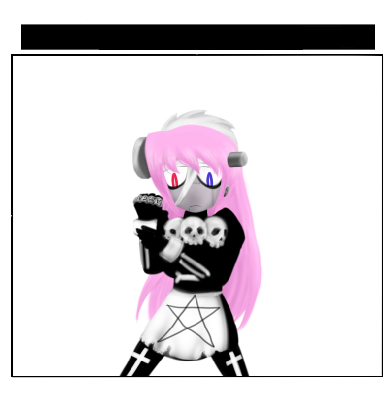 1girl blue_eyes colored_skin cosplay female_focus futaba_channel grey_skin heterochromia jorei jorei_(cosplay) kaitai kaitai-san long_hair maid monster_girl nijiura_maids pink_hair red_eyes screw simple_background skull solo white_background zombie