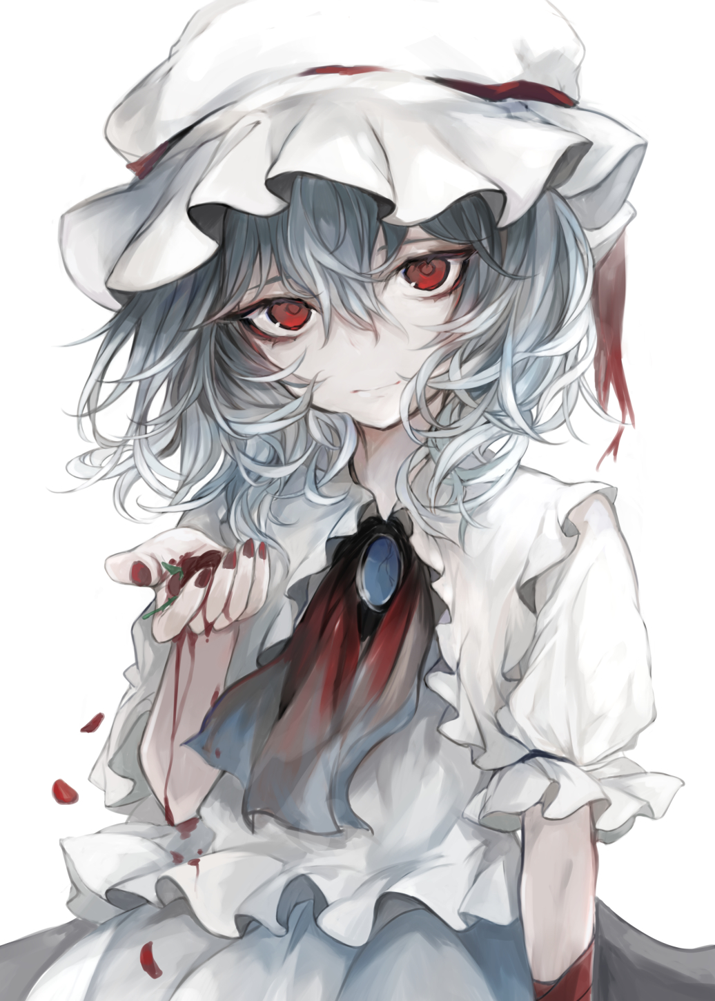 1girl ascot bandaged_arm bandages blouse blue_hair brooch commentary gradient_ascot hair_between_eyes hasunokaeru hat hat_ribbon head_tilt highres holding jewelry looking_at_viewer mob_cap nail_polish petals puffy_short_sleeves puffy_sleeves red_ascot red_eyes red_nails red_ribbon remilia_scarlet ribbon shirt short_hair short_sleeves skirt solo stained_clothes touhou upper_body white_ascot white_hat white_shirt white_skirt