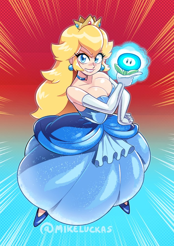 1girl bare_shoulders blonde_hair blue_eyes breasts cleavage crown dress earrings ice_flower_(mario) jewelry large_breasts long_hair looking_at_viewer mario_(series) mike_luckas nintendo princess_peach the_super_mario_bros._movie