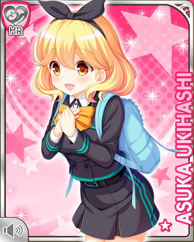 1girl backpack bag blonde_hair bow bowtie breasts brown_eyes card_(medium) girlfriend_(kari) grey_shirt grey_skirt hair_bow medium_breasts official_art open_mouth orange_bow qp:flapper school_uniform shirt short_hair skirt smile solo tagme thighhighs ukihashi_asuka white_thighhighs