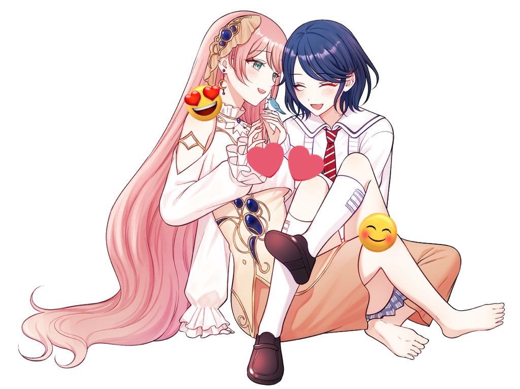 2girls ^_^ arm_support barefoot bird bird_on_hand black_hair bloom_festival_(project_sekai) blue_eyes breasts brown_hair brown_shoes cardigan closed_eyes clothing_cutout colorful_festival_(project_sekai) commentary_request commission convenient_leg crop_top diagonal-striped_clothes diagonal-striped_necktie dress earrings emoji facing_viewer frilled_shirt_collar frilled_sleeves frills from_side full_body hair_ornament hand_up happy heart_emoji hoshino_ichika_(project_sekai) indian_style jewelry kebe107 kneehighs korean_commentary large_breasts light_blush long_hair long_sleeves looking_at_another mochizuki_honami multiple_girls necktie official_alternate_costume official_alternate_hair_length official_alternate_hairstyle open_cardigan open_clothes open_mouth orange_dress plaid_clothes plaid_skirt project_sekai red_necktie second-party_edit second-party_source shirt shoes short_hair shoulder_cutout sidelocks simple_background sitting sitting_on_lap sitting_on_person skirt smile_emoji smiling_face_with_heart-shaped_eyes_emoji socks straight_hair striped_clothes swept_bangs teeth upper_teeth_only very_long_hair white_background white_cardigan white_shirt white_socks white_stripes