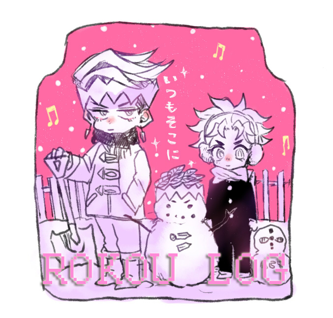 2boys bad_id bad_pixiv_id black_hair blonde_hair chibi earmuffs earrings echoes_(stand) echoes_act3 gakuran headband hirose_koichi jewelry jojo_no_kimyou_na_bouken kishibe_rohan male_focus multiple_boys sahau228 scarf school_uniform short_hair snow stand_(jojo) winter_clothes