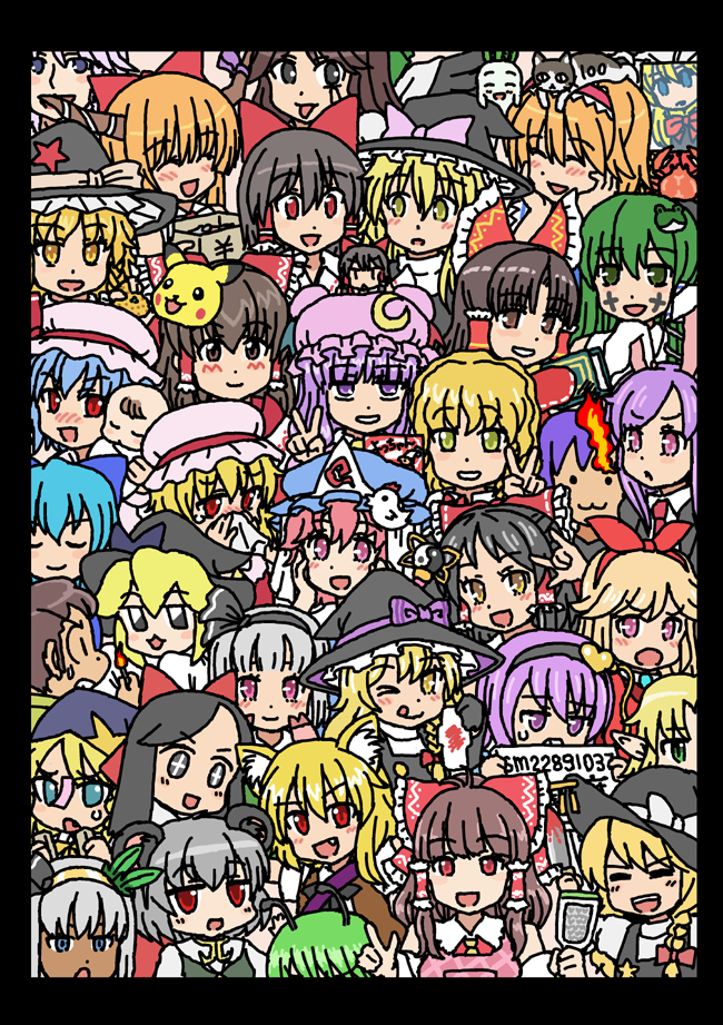 2boys 6+girls :3 :d :q alice_margatroid amelia_colet animal animal_ears animal_on_head apron asatsuki_(cookie) azusa_(cookie) benikurage_(cookie) black_border black_eyes black_gloves black_hair black_hairband black_headwear blonde_hair blowing_nose blue_bow blue_hair blunt_bangs border bow braid breath_weapon breathing_fire brown_hair brown_horns buttons cat cat_on_head cirno closed_eyes closed_mouth commentary_request cookie_(touhou) crab cross eska_(cookie) everyone facepaint fake_hisui_(cookie) fang fire flandre_scarlet food fox_ears fox_girl frilled_bow frilled_hair_tubes frills frog_hair_ornament fruit gen_1_pokemon genpatsu_(cookie) gloves grater green_eyes green_hair grey_hair hair_between_eyes hair_bow hair_ornament hair_tubes hairband hakurei_reimu hands_on_own_cheeks hands_on_own_face hat hat_ornament hazuna_rio heart heart_hair_ornament hinase_(cookie) hisui_(cookie) holding holding_knife holding_matchstick holding_sign horns ibuki_suika izayoi_sakuya joker_(cookie) kanna_(cookie) kasuga_(kasuga39) kirisame_marisa knife kochiya_sanae komeiji_satori konpaku_youmu kurikinton_(cookie) long_bangs long_hair looking_at_another looking_at_viewer looking_to_the_side m/ mars_(cookie) mashiroma_zenima masked miramikaru_riran mizuhashi_parsee mob_cap multiple_boys multiple_girls nabila_(cookie) nadeko_(cookie) nazrin niconico_id nintendo nyon_(cookie) on_head one_eye_closed open_mouth orange_(fruit) orange_hair paseri_(cookie) patchouli_knowledge pikachu pink_apron pink_eyes pink_headwear pointy_ears pokemon purple_eyes purple_hair quran_(object) red_bow red_eyes red_star rei_(cookie) reisen_udongein_inaba reiuji_utsuho remilia_scarlet reu_(cookie) reu_daikon ruka_(cookie) rurima_(cookie) saigyouji_yuyuko sakenomi_(cookie) sakura_(cookie) sananana_(cookie) sepia_(cookie) shanghai_doll short_hair side_braid sign single_braid smile star_(symbol) star_hat_ornament suzu_(cookie) suzuki_(cookie) taisa_(cookie) the_chicken_that_appears_in_the_middle_of_cookie tissue tongue tongue_out touhou upper_body uzuki_(cookie) v vivian_(cookie) wavy_hair witch_hat wriggle_nightbug yamin_(cookie) yellow_eyes yin_yang yocchan_foods yuuhi_(cookie)