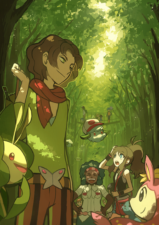 4girls 5boys ace_trainer_(pokemon) backwards_hat baseball_cap black_vest borrowed_clothes bridge brown_hair bug_catcher_(pokemon) burgh_(pokemon) clothed_pokemon commentary_request cottonee dark_skin deerling falling_leaves forest gen_5_pokemon green_eyes green_shirt green_theme hands_on_own_hips hat hilda_(pokemon) holding_strap leaf leavanny lenora_(pokemon) long_hair multiple_boys multiple_girls n_(pokemon) nature nintendo noii open_mouth pants pokemon pokemon_(creature) pokemon_bw rufflet scarf school_kid_(pokemon) scientist_(pokemon) shirt sidelocks simipour smile teeth tongue tree unworn_hat unworn_headwear vest youngster_(pokemon)