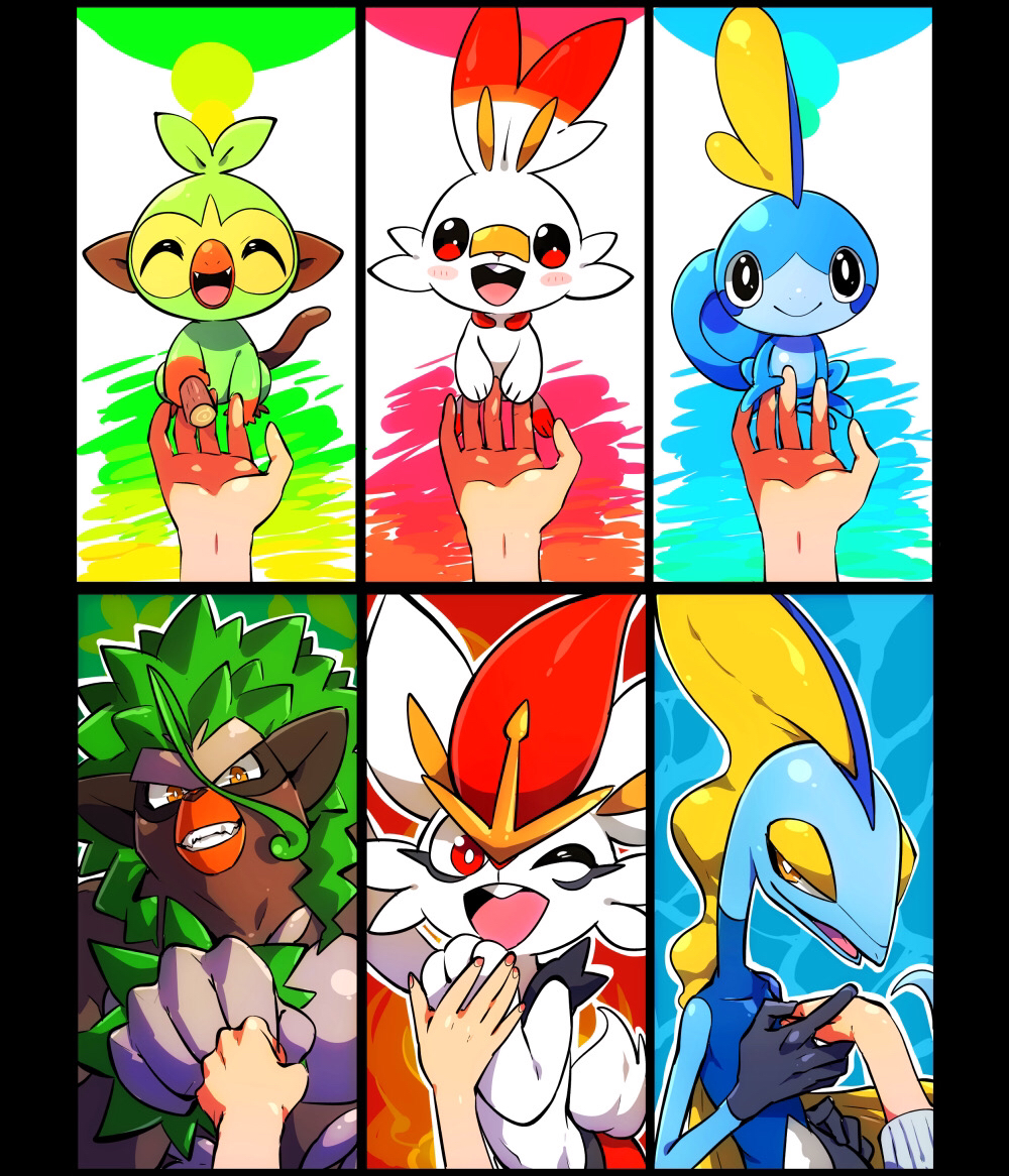 1other ajinomisni black_eyes blush cinderace fangs fist_bump furry gen_8_pokemon green_hair grookey happy inteleon nintendo open_mouth orange_eyes pokemon pokemon_(creature) red_eyes red_hair rillaboom scorbunny smile sobble stick tail yellow_eyes