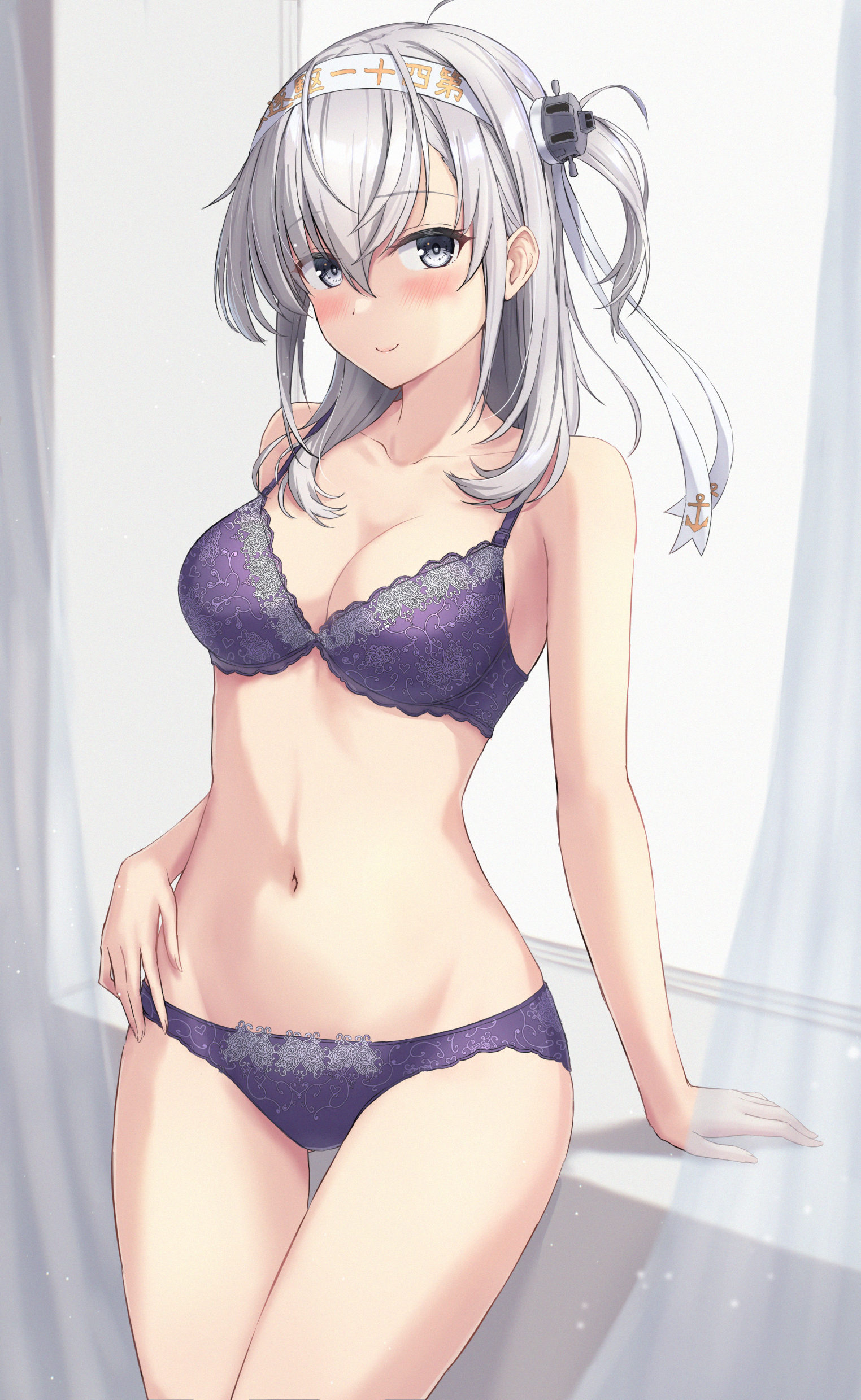 1girl absurdres blush bra breasts closed_mouth collarbone cowboy_shot grey_eyes grey_hair hair_between_eyes headband highres kantai_collection large_breasts long_hair looking_at_viewer monoku navel one_side_up panties purple_bra purple_panties smile solo suzutsuki_(kancolle) underwear underwear_only white_headband