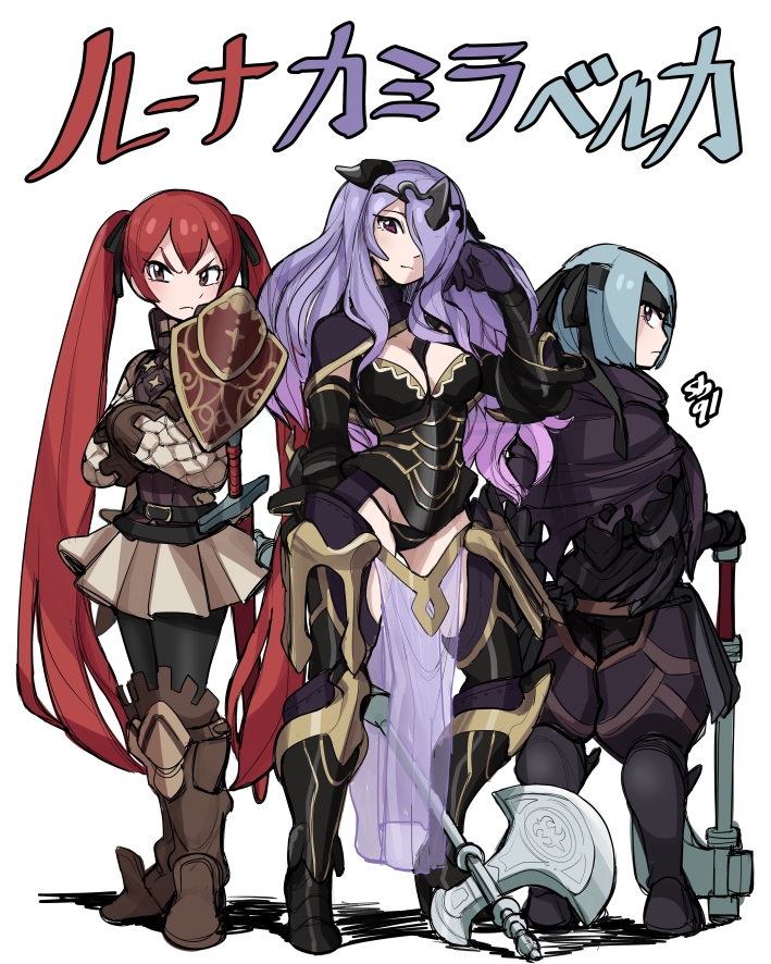 3girls armor beruka_(fire_emblem) black_armor black_headband black_panties blue_hair bob_cut breasts camilla_(fire_emblem) cleavage fire_emblem fire_emblem_fates hair_over_one_eye headband large_breasts multiple_girls nintendo panties pauldrons purple_eyes purple_hair red_eyes red_hair sbql_(niaunclefan) selena_(fire_emblem_fates) short_hair shoulder_armor single_pauldron tiara twintails underwear wavy_hair