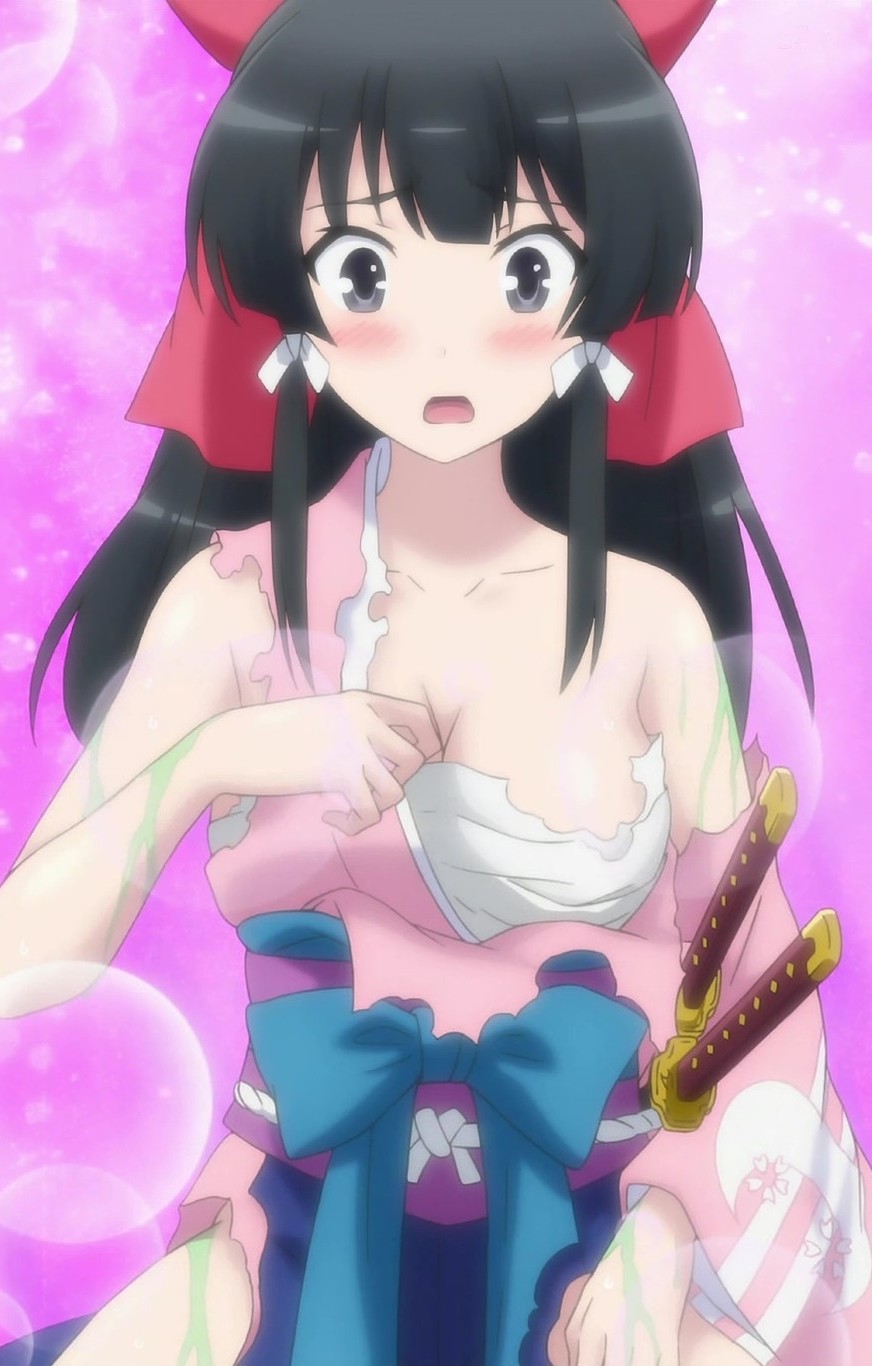 1girl anime_screenshot black_hair blush breasts cleavage highres isekai_wa_smartphone_to_tomo_ni. japanese_clothes kimono kokonoe_yae large_breasts long_hair open_mouth sarashi slime stitched sword third-party_edit torn_clothes weapon