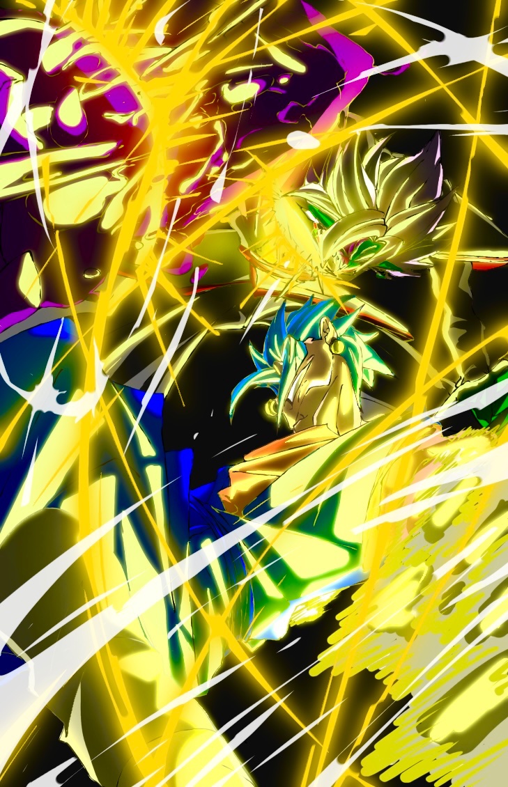 2boys battle black_bodysuit black_pants blue_hair blue_pants blue_sash bodysuit boots colored_skin dougi dragon_ball dragon_ball_super earrings energy energy_sword eye_contact fused_zamasu gloves green_skin grey_eyes grin high_contrast jewelry long_sleeves looking_at_another multicolored_skin multiple_boys muscular muscular_male orange_shirt otoko_neko222 pants pointy_ears potara_earrings purple_skin red_sash saiyan sash shirt short_sleeves smile smirk spiked_hair super_saiyan super_saiyan_blue sword vegetto weapon white_footwear white_gloves white_hair