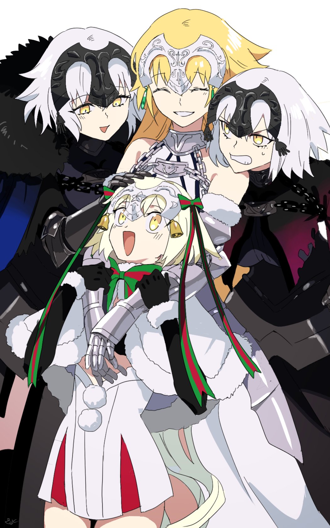 4girls armor armored_dress bare_shoulders bell bikini bikini_top_only black_armor black_gloves black_thighhighs blonde_hair bow breasts cape capelet chain dress elbow_gloves fate/apocrypha fate/grand_order fate/samurai_remnant fate_(series) faulds fur-trimmed_cape fur-trimmed_capelet fur_trim gauntlets gloves gorget green_ribbon grey_hair headpat headpiece highres jeanne_d&#039;arc_(fate) jeanne_d&#039;arc_(ruler)_(fate) jeanne_d&#039;arc_(third_ascension)_(fate) jeanne_d&#039;arc_alter_(avenger)_(fate) jeanne_d&#039;arc_alter_(fate) jeanne_d&#039;arc_alter_(lancer)_(fate) jeanne_d&#039;arc_alter_santa_lily_(fate) large_breasts long_braid long_hair multiple_girls open_mouth pirohi_(pirohi214) plackart ribbon short_hair smile solo striped_bow striped_ribbon swimsuit thighhighs very_long_hair white_capelet white_hair yellow_eyes