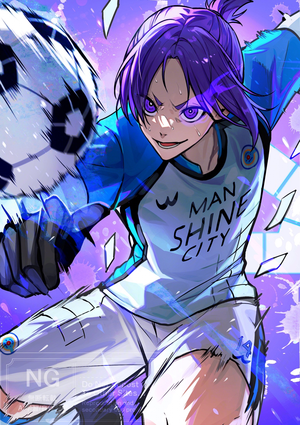 1boy ball black_gloves black_shoes blue_lock commentary_request eye_trail gloves gradient_background hair_between_eyes highres light_trail male_focus medium_hair mikage_reo open_mouth parted_bangs playing_sports ponytail purple_background purple_eyes purple_hair serious shirt shoes short_hair shorts soccer_ball soccer_uniform solo sportswear sweat tsugutoku watermark white_shorts white_sleeves