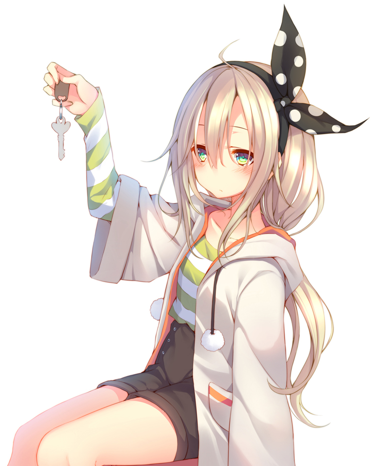 1girl :/ ahoge black_ribbon black_shorts blonde_hair blush charm_(object) closed_mouth coat drawstring female_focus from_side green_eyes hair_between_eyes hair_ribbon holding holding_key hood hooded_coat kazuzu key long_hair long_sleeves open_clothes open_coat original polka_dot polka_dot_ribbon ribbon shirt shorts sitting solo striped_clothes striped_shirt very_long_hair