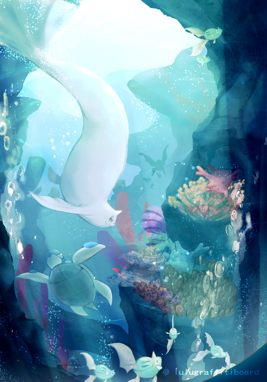 air_bubble bubble clamperl closed_mouth commentary coral corsola dewgong english_commentary fangs finneon gen_1_pokemon gen_2_pokemon gen_3_pokemon gen_4_pokemon gen_5_pokemon highres kyogre legendary_pokemon lileep littlelluu lumineon nintendo pokemon pokemon_(creature) remoraid smile sunlight swimming tirtouga underwater