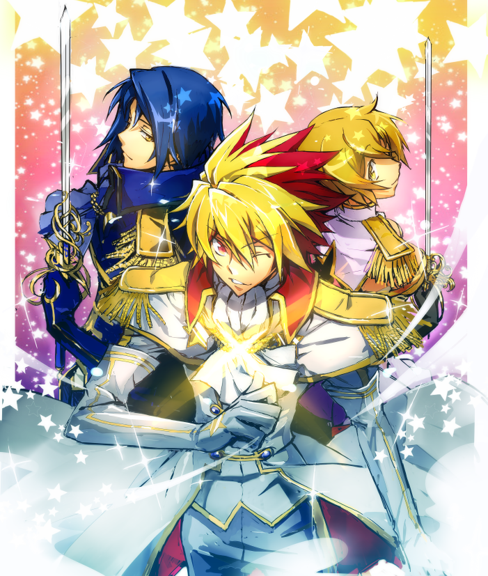 10s 1girl 2boys agemaki_wako ascot blonde_hair blue_hair c_(rahit) colored_bangs elbow_gloves epaulettes gloves looking_at_viewer looking_back male_focus multicolored_hair multiple_boys one_eye_closed rahit red_eyes red_hair shindou_sugata short_hair star_(symbol) star_driver sword tsunashi_takuto two-tone_hair weapon wink yellow_eyes
