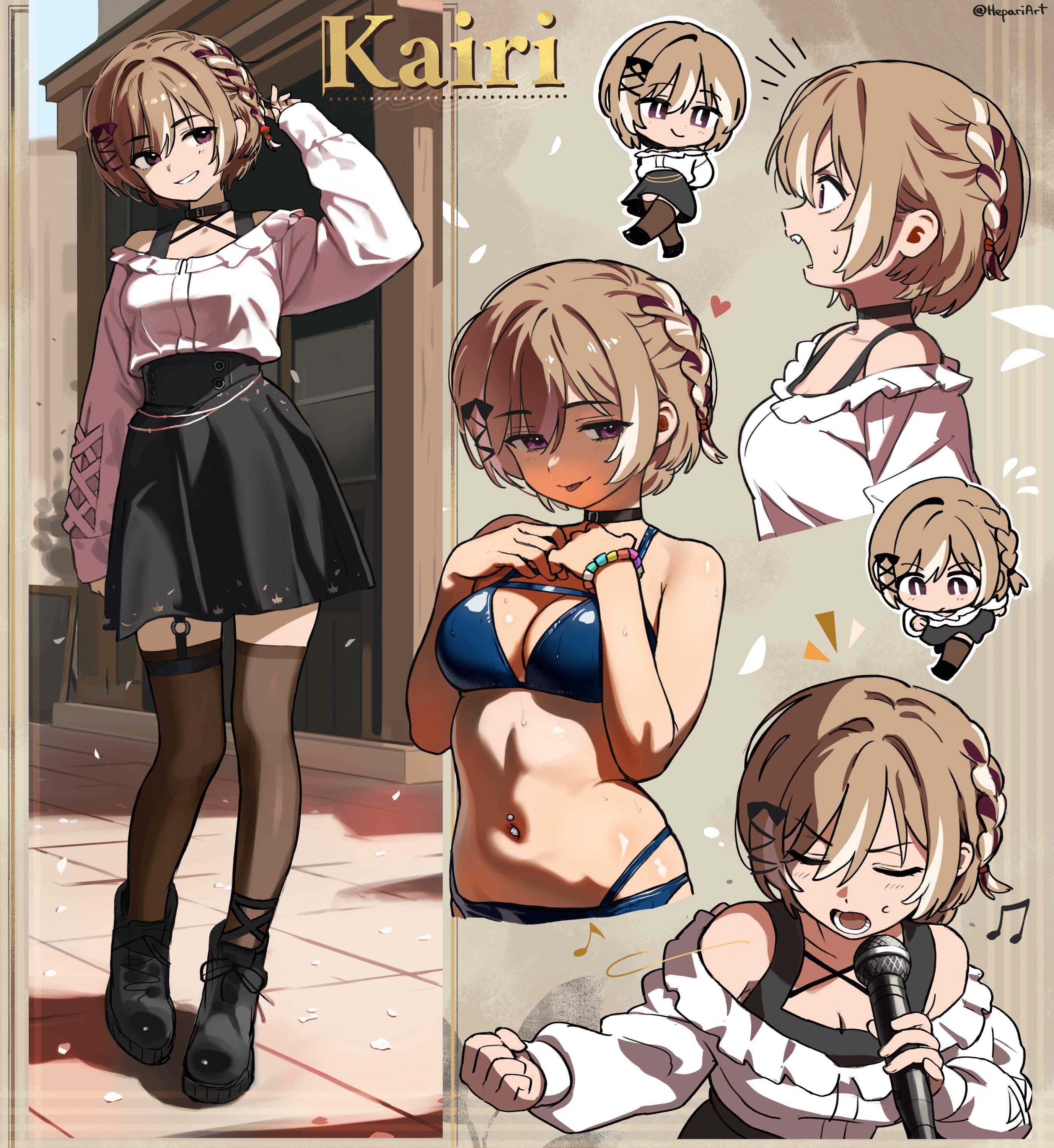 1girl absurdres angry arms_behind_back asymmetrical_legwear bikini black_choker black_pantyhose black_shirt black_shoes black_skirt blue_bikini blush bow bracelet braid breasts brown_hair buttons character_name chibi choker cleavage clenched_hand closed_eyes collar collarbone double-breasted frilled_collar frills from_side frown full_body garter_straps grin hair_bow hair_ornament hairclip hands_on_own_chest heart hepari high-waist_skirt highres holding holding_microphone jewelry leaning_forward long_hair looking_at_viewer microphone multiple_views music musical_note navel navel_piercing o-ring o-ring_legwear_garter off-shoulder_shirt off_shoulder open_mouth original pantyhose piercing pink_shirt purple_eyes running seductive_smile sharp_teeth shirt shoes short_hair side_braid singing skirt sleeveless sleeveless_shirt small_breasts smile solo swimsuit teeth tongue tongue_out twitter_username undershirt upper_body white_shirt
