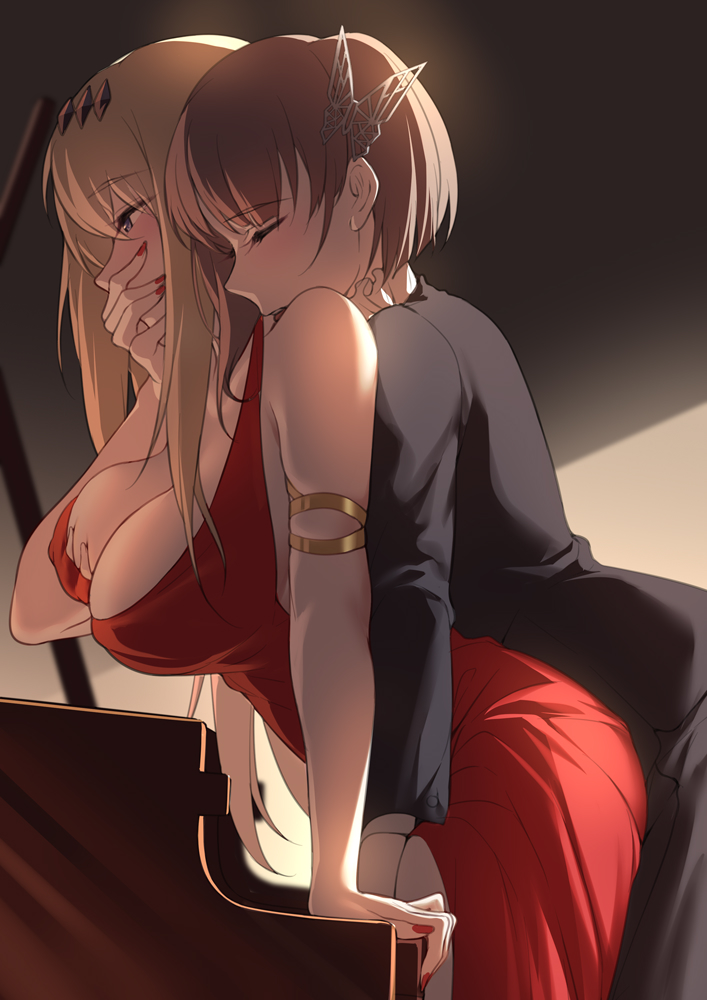 2girls behind_another blonde_hair blue_eyes blush breasts brown_hair butterfly_hair_ornament cartonbox_(zhixiang_zhi) closed_eyes covering_own_mouth dress grabbing_another&#039;s_breast grabbing_from_behind groping hair_ornament hand_over_own_mouth hand_under_clothes long_hair multiple_girls nail_polish parted_lips red_dress red_nails saratoga_(warship_girls_r) short_hair teeth tongue upper_teeth_only warship_girls_r wisconsin_(warship_girls_r) yuri