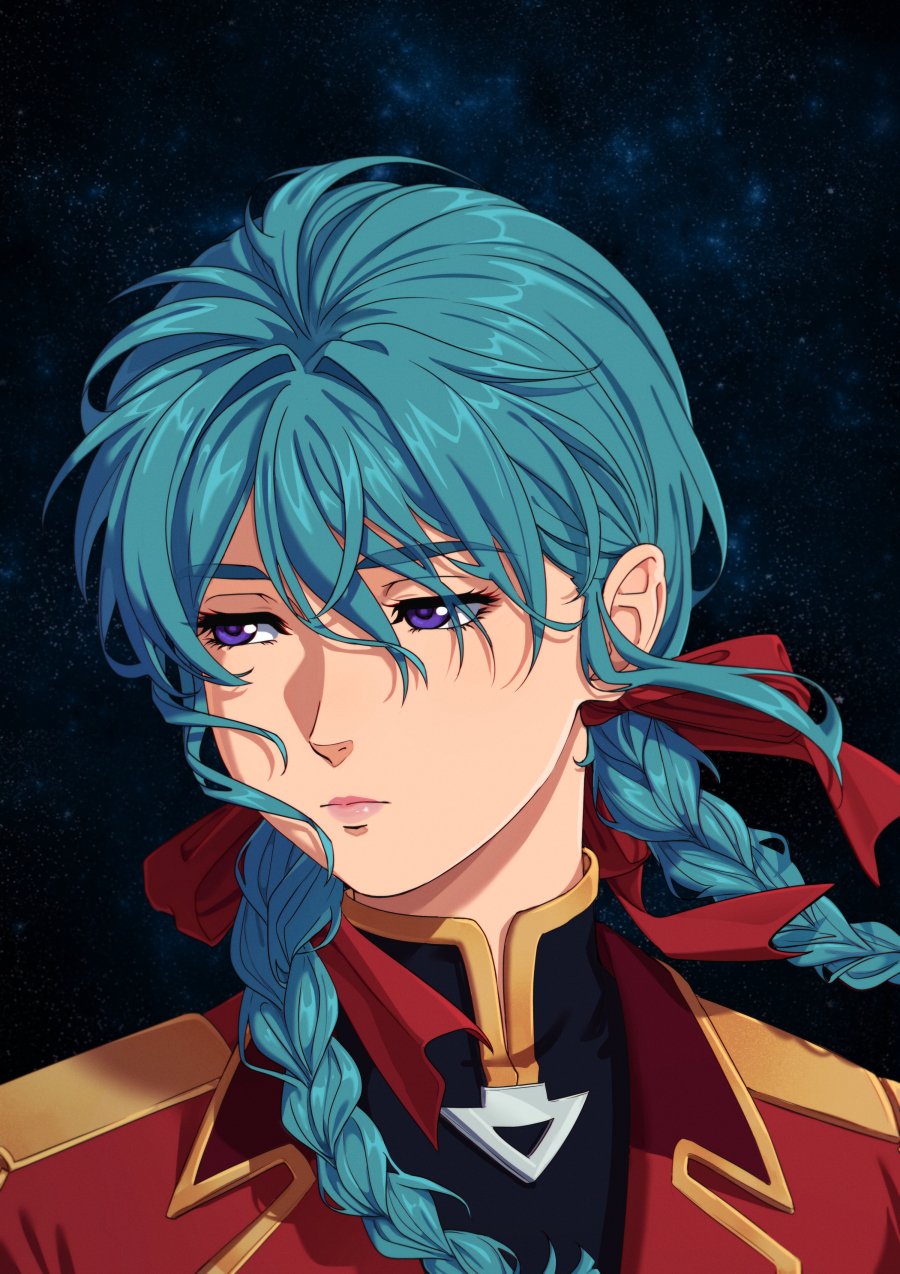 1girl black_shirt blue_hair braid char&#039;s_counterattack closed_mouth coat enelous eyes_visible_through_hair frown gundam hair_between_eyes hair_ribbon high_collar highres lipstick long_hair looking_to_the_side makeup military_uniform pink_lips portrait purple_eyes quess_paraya red_coat red_ribbon ribbon shirt solo space twin_braids