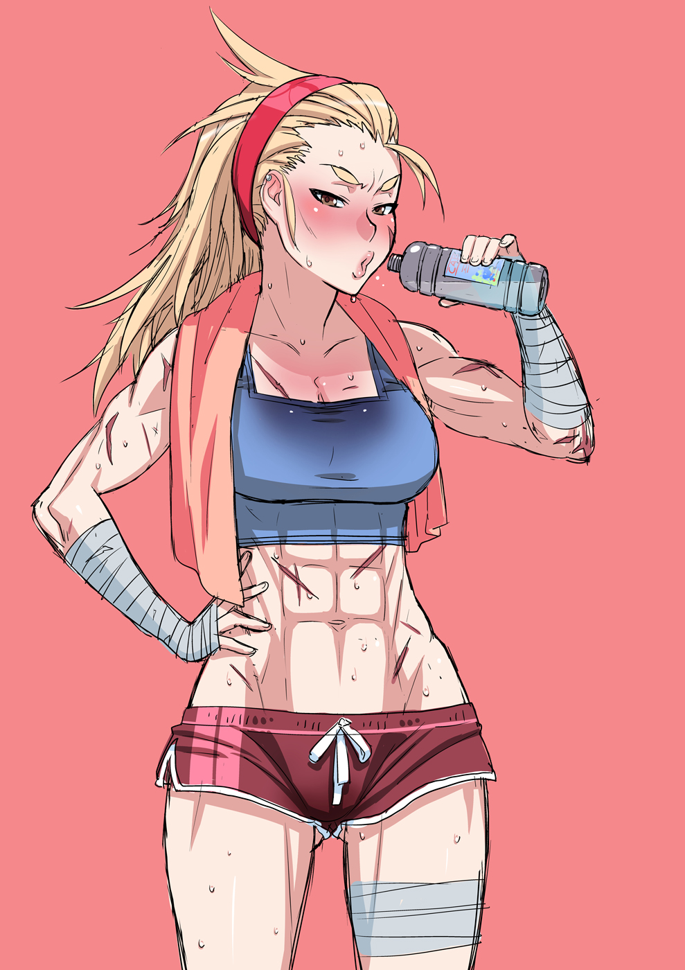 1girl abs antenna_hair bandages bandaged_arm bandaged_leg bandages blonde_hair blush bottle brown_eyes drinking facial_scar hairband hand_on_own_hip highres kjech long_hair midriff muscular muscular_female navel osoro_shidesu pink_background pursed_lips scar scar_on_cheek scar_on_face short_shorts shorts simple_background sports_bra sweat thick_eyebrows towel v-shaped_eyebrows water water_bottle yandere_simulator