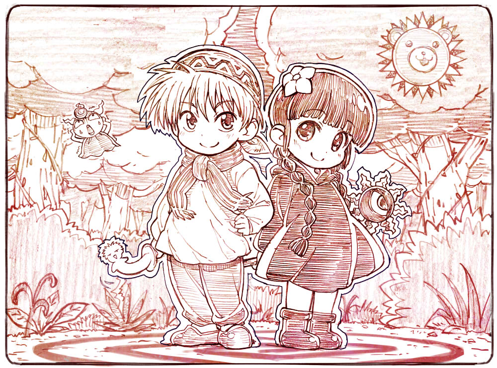 1boy 1girl black_border blunt_bangs blush blush_stickers border braid cloud commentary_request flower gipple hair_flower hair_ornament kukuri_(mahoujin_guruguru) long_hair looking_at_viewer mahoujin_guruguru monochrome nike_(mahoujin_guruguru) red_theme revision sakino_shingetsu scarf short_hair sky smile sun tree