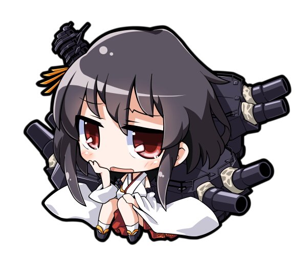 10s black_hair chibi hair_ornament japanese_clothes kantai_collection nontraditional_miko red_eyes ship_turret short_hair sitting solo take_tonbo yamashiro_(kancolle)