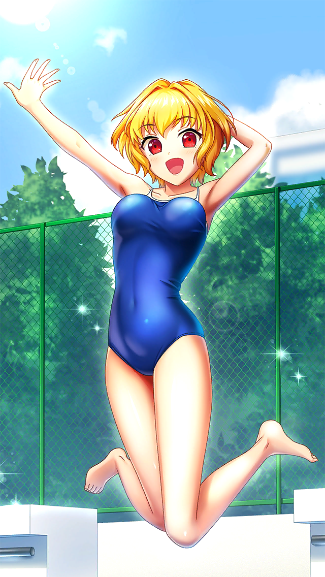 1girl :d arm_behind_head arm_up armpits bare_arms bare_legs barefoot blonde_hair blue_one-piece_swimsuit bouncing_breasts breasts collarbone covered_navel day doukyuusei_(series) doukyuusei_another_world fence full_body game_cg hair_intakes horiide_mika jumping kakyuusei_(series) kakyuusei_2 lens_flare looking_at_viewer medium_breasts official_art one-piece_swimsuit open_mouth outdoors red_eyes school_swimsuit short_hair smile solo spaghetti_strap swimsuit