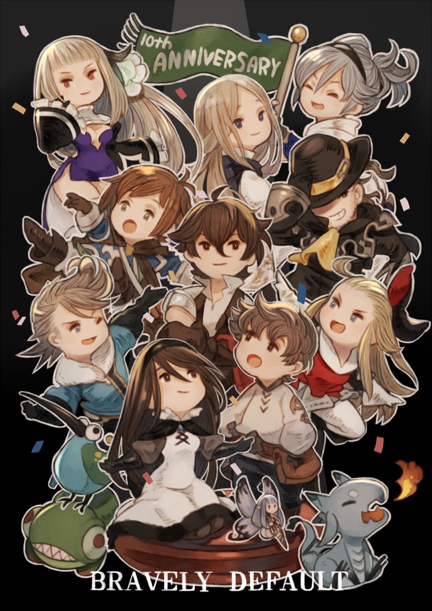 5boys 6+girls adelle_ein agnes_oblige airy_(bravely_default) anniversary beard blonde_hair bow bravely_default:_flying_fairy bravely_default_(series) bravely_default_ii bravely_second:_end_layer breasts brown_hair cleavage copyright_name dress edea_lee elvis_lesley facial_hair fairy fairy_wings flower fur_trim gloria_neu_musa grey_hair hair_bow hair_flower hair_ornament hairband hat highres irono16 magnolia_arch medium_breasts multiple_boys multiple_girls open_mouth ringabel seth_(bravley_default) small_breasts smile tiz_arrior wings yew_geneolgia