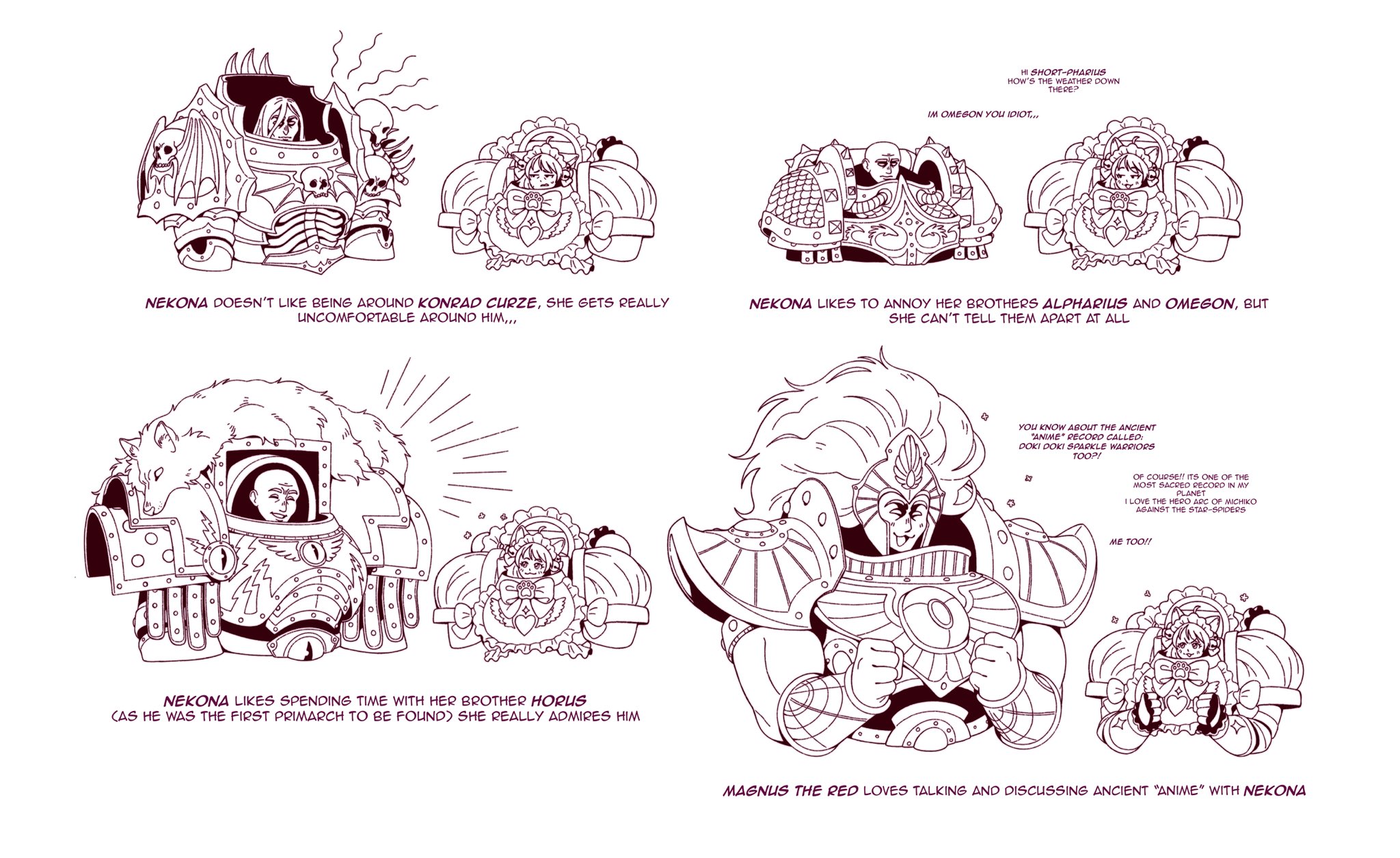 1girl 4boys :3 alpha_legion alpharius_omegon ancient_egyptian_hat angry animal_ears animal_hands apron armor bald bat_wings black_legion bow breastplate cat_ears cat_girl cat_paws chumiicham closed_mouth commentary english_commentary english_text eye_of_horus_(warhammer) frilled_apron frills happy happy_aura heart highres horus_lupercal konrad_curze light_blush limited_palette lineart long_hair looking_at_another looking_down looking_up magnus_the_red maid_apron maid_headdress multiple_boys muscular muscular_male nekona_(chumiicham) night_lords omegon original pauldrons paw_print pelt power_armor primarch rerebrace scale_armor shoulder_armor simple_background size_difference skull skull_ornament space_maids_(chumiicham) sparkle spiked_armor thousand_sons upper_body warhammer_40k wings