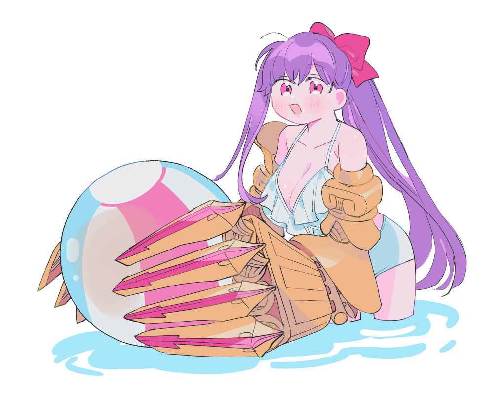 1girl alternate_costume alternate_hairstyle ball beachball bikini bow breasts claw_(weapon) claws fate/extra fate/extra_ccc fate_(series) frilled_bikini frills hair_bow holding holding_ball huge_breasts large_breasts long_hair oneroom-disco passionlip_(fate) pink_bow pink_eyes ponytail purple_hair simple_background single_sidelock smile solo swimsuit weapon white_background white_bikini
