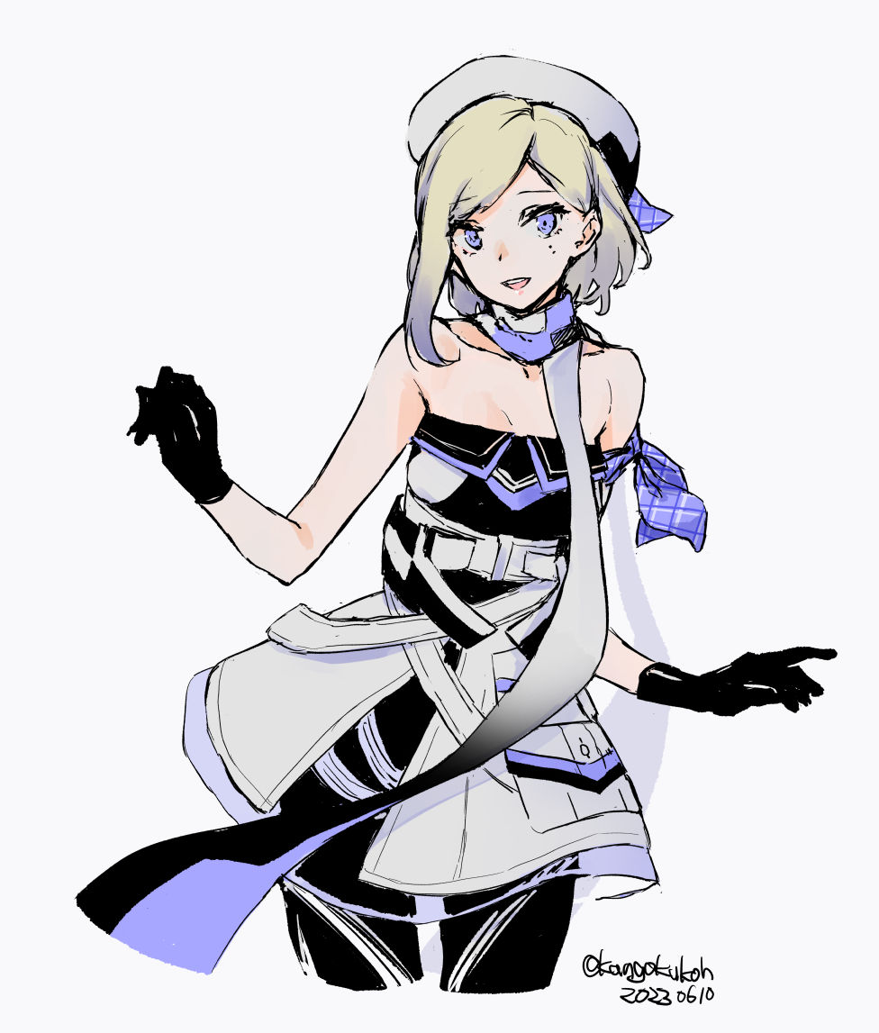 1girl bare_shoulders black_gloves black_pantyhose blonde_hair blue_eyes blue_hair cowboy_shot dress gloves gradient_hair jean_bart_(kancolle) kangoku_kou kantai_collection mole mole_under_eye multicolored_hair one-hour_drawing_challenge pale_skin pantyhose scarf short_hair simple_background solo strapless strapless_dress white_background white_dress white_scarf