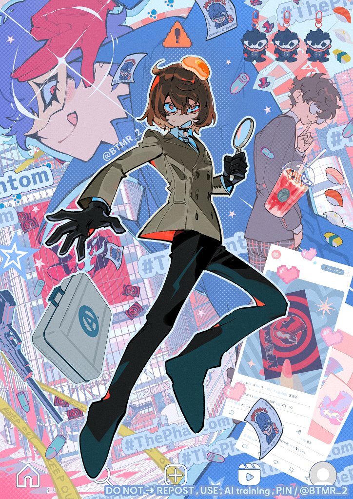 ! :q akechi_gorou amamiya_ren black_gloves black_pants briefcase brown_hair btmr_game calling_card clenched_teeth collared_shirt commentary cup english_commentary food glasses gloves gun holding holding_magnifying_glass index_finger_raised jacket long_sleeves magnifying_glass male_focus necktie pancake pants persona persona_5 red_eyes red_gloves shirt sparkle star_(symbol) sushi sweat teeth tongue tongue_out twitter_username weapon white_mask white_shirt