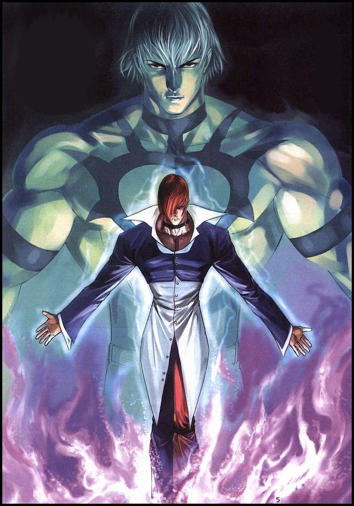 2boys andy_seto dress_shirt fire male_focus multiple_boys official_art orochi_(kof) pants pyrokinesis red_pants shirt snk tattoo the_king_of_fighters yagami_iori