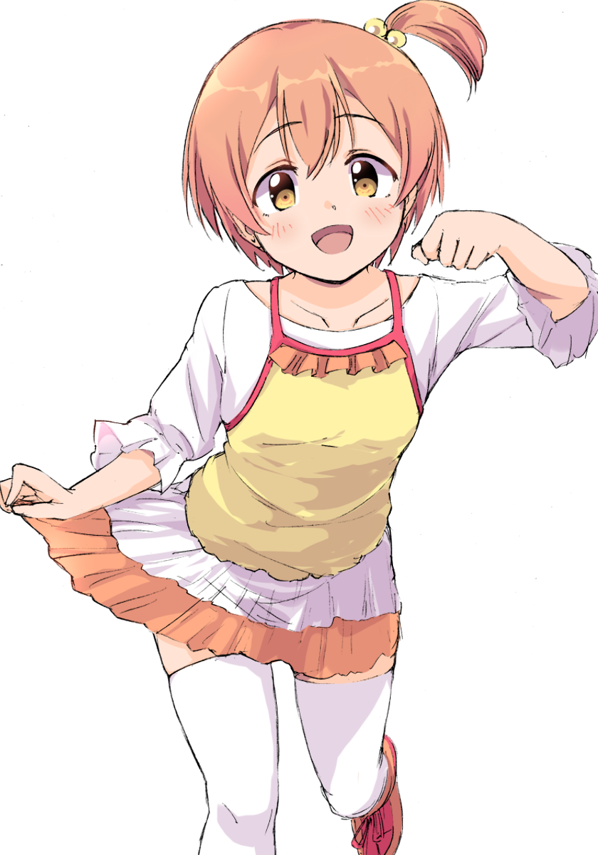 1girl :d blush camisole clenched_hand collarbone double-parted_bangs foot_out_of_frame highres hoshizora_rin looking_at_viewer love_live! love_live!_school_idol_project miniskirt official_alternate_costume one_side_up open_mouth orange_hair orange_skirt red_shoes sen_(sen0910) shirt shoes short_hair simple_background skindentation skirt skirt_hold smile solo thighhighs three-quarter_sleeves two-tone_skirt white_background white_shirt white_skirt white_thighhighs yellow_camisole yellow_eyes zettai_ryouiki