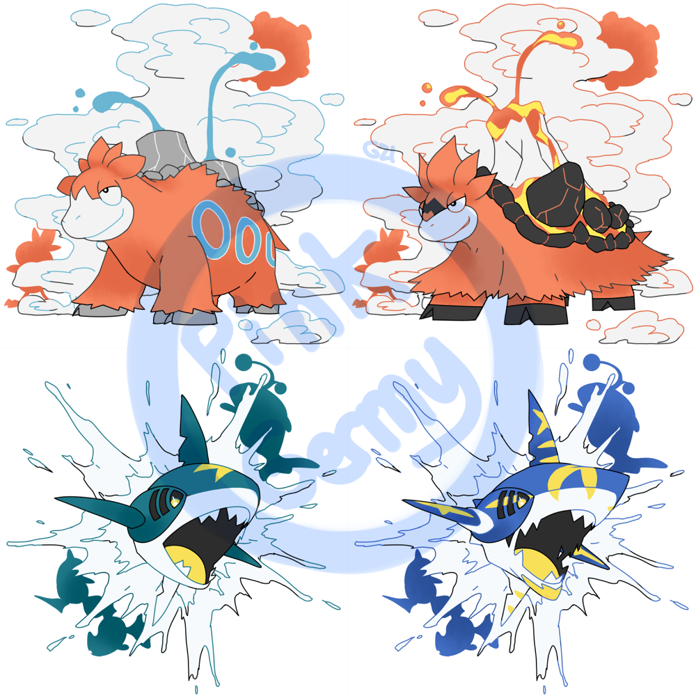 black_eyes camerupt commentary creature english_commentary gen_1_pokemon gen_2_pokemon gen_3_pokemon koffing lanturn lava mega_camerupt mega_pokemon mega_sharpedo nintendo no_humans open_mouth pinkgermy pokemon pokemon_(creature) shark sharp_teeth sharpedo signature simple_background smirk smoke teeth torchic water watermark white_background yellow_eyes