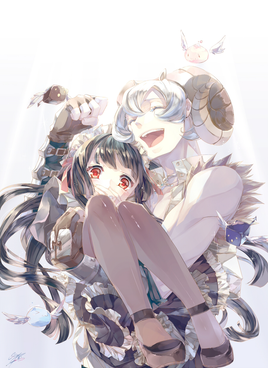 1boy 1girl alice_(ragnarok_online) angeling black_dress black_hair black_shoes brown_gloves brown_pantyhose carrying closed_eyes commentary dress english_commentary fake_horns fingerless_gloves frilled_dress frills full_body fur-trimmed_shirt fur_trim gloves hetero highres horns long_hair maid maid_headdress open_mouth pantyhose princess_carry ragnarok_online red_eyes shirt shoes short_hair simple_background skeggiold_(ragnarok_online) sleeveless sleeveless_shirt slime_(creature) smile soumare upper_body white_background white_hair white_shirt whitesmith_(ragnarok_online)