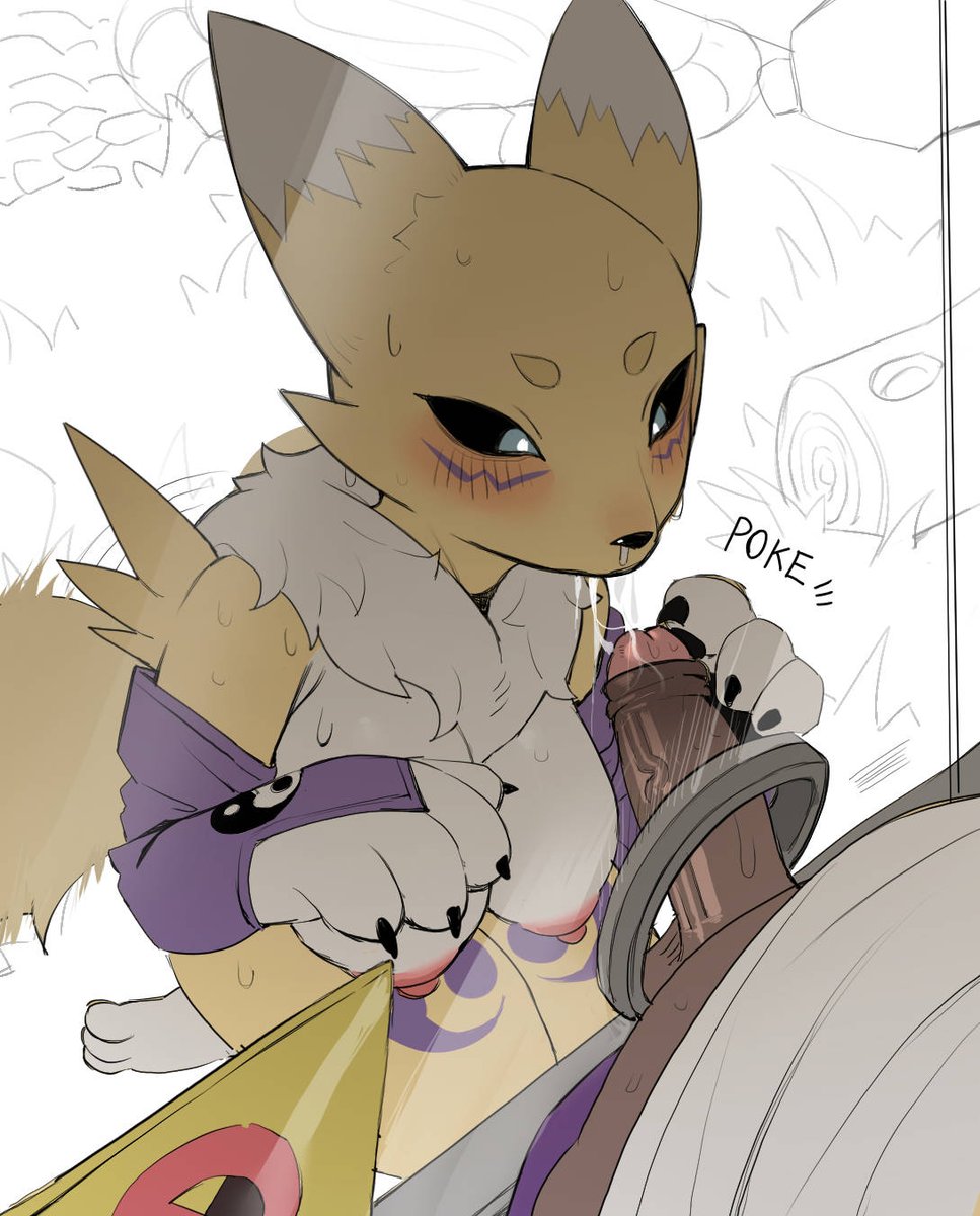 1boy 1girl alternate_breast_size_(larger) animal_ears animal_hands animal_nose black_sclera blue_eyes body_fur breast_press breasts claws colored_sclera digimon digimon_(creature) drooling facial_mark foreskin fox_ears fox_girl fox_tail furry furry_female glory_hole highres huge_breasts imminent_fellatio looking_at_penis neck_fur nipples penis purple_sleeves renamon saliva shota sign snout tail testicles tongue tongue_out two-tone_fur veins veiny_penis white_fur yellow_fur zhou135627