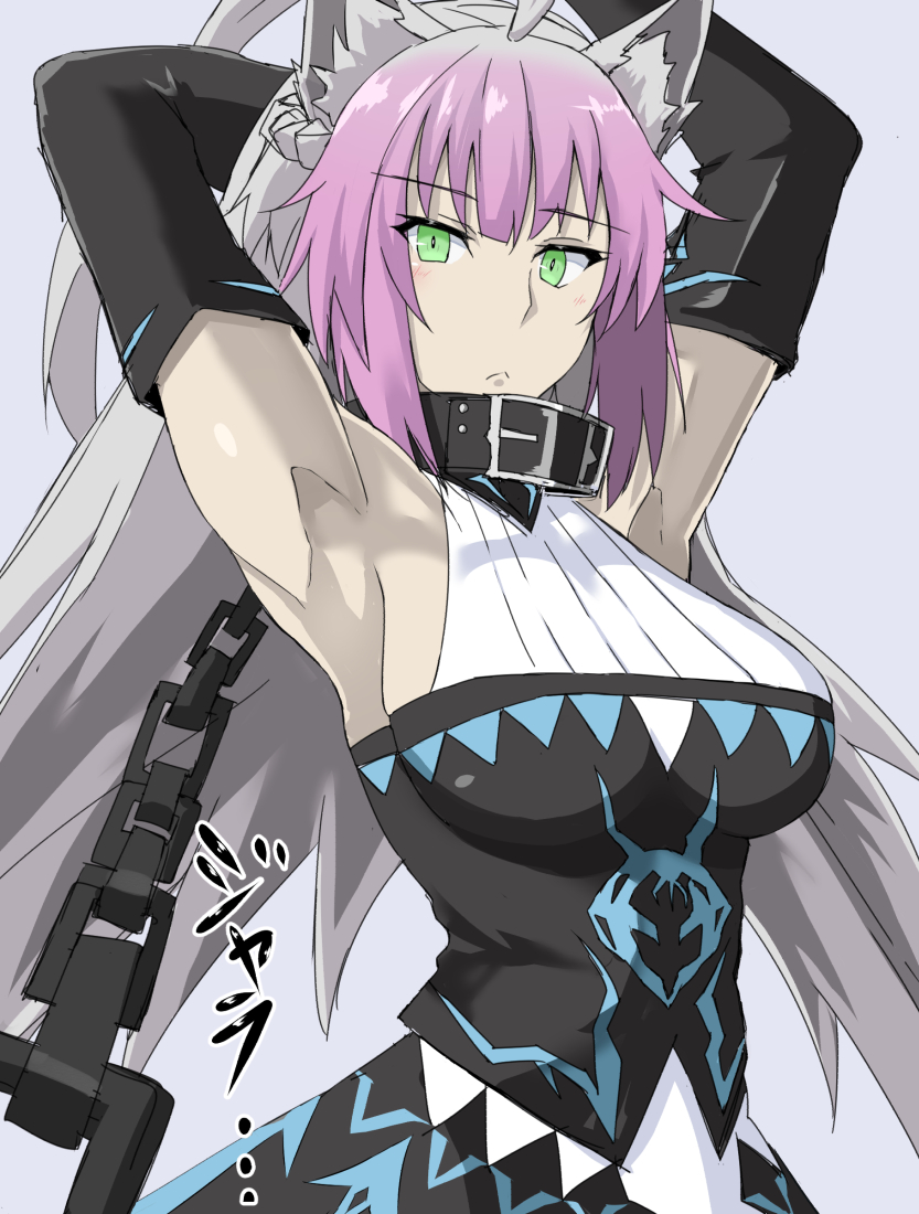 animal_ears armpits arms_up atalanta_(fate) atalanta_alter_(fate) black_gloves breasts cat_ears chain collar elbow_gloves eyebrows_hidden_by_hair fate/grand_order fate_(series) gloves green_eyes grey_hair long_hair looking_at_viewer multicolored_hair purple_hair skirt takara_joney upper_body