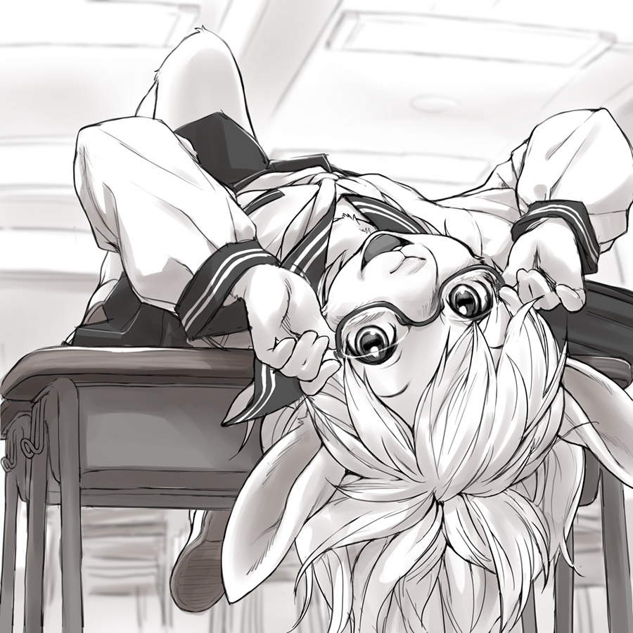  kikurage (crayon arts) hentai 7 kikurage (crayon arts), original, 1girl, animal ears, classroom, desk,  female focus, furry, furry female, glasses, looking at viewer, lying,  monochrome, on back, open mouth, rabbit, rabbit ears, rabbit girl, school,  school desk,