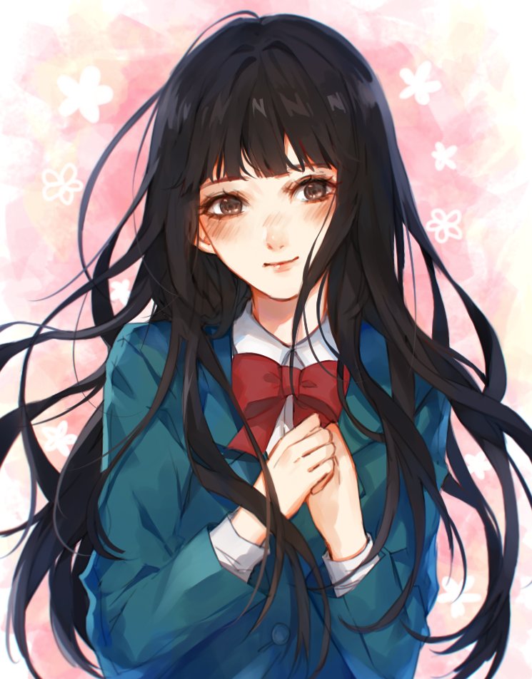 1girl black_hair blazer blush bow bowtie female_focus floral_background green_jacket head_tilt jacket kimi_ni_todoke kuronuma_sawako long_hair long_sleeves looking_at_viewer multicolored_background nose_blush own_hands_together pink_background red_bow red_bowtie ruuto-kun school_uniform solo white_background