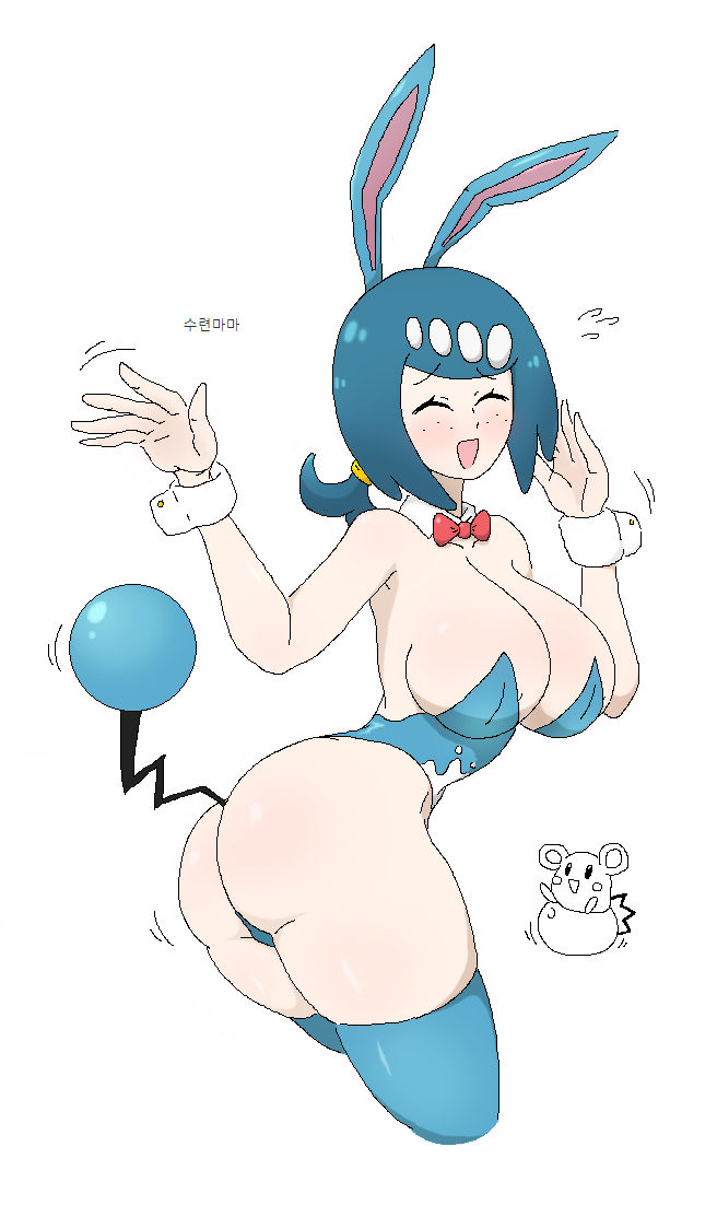 1girl aliasing animal_ears ass azumarill azumarill_(cosplay) azurill blue_hair blush bow bowtie breasts closed_eyes cosplay cowboy_shot cropped_legs detached_collar fake_animal_ears fake_tail freckles game_freak gen_2_pokemon gen_3_pokemon hair_ornament korean_text lana&#039;s_mother_(pokemon) large_breasts leotard medium_hair nintendo open_mouth playboy_bunny pokemon pokemon_(anime) pokemon_sm_(anime) ponytail rabbit_ears smile solo tail thick_thighs thighhighs thighs twisted_torso waagh52 white_background wrist_cuffs
