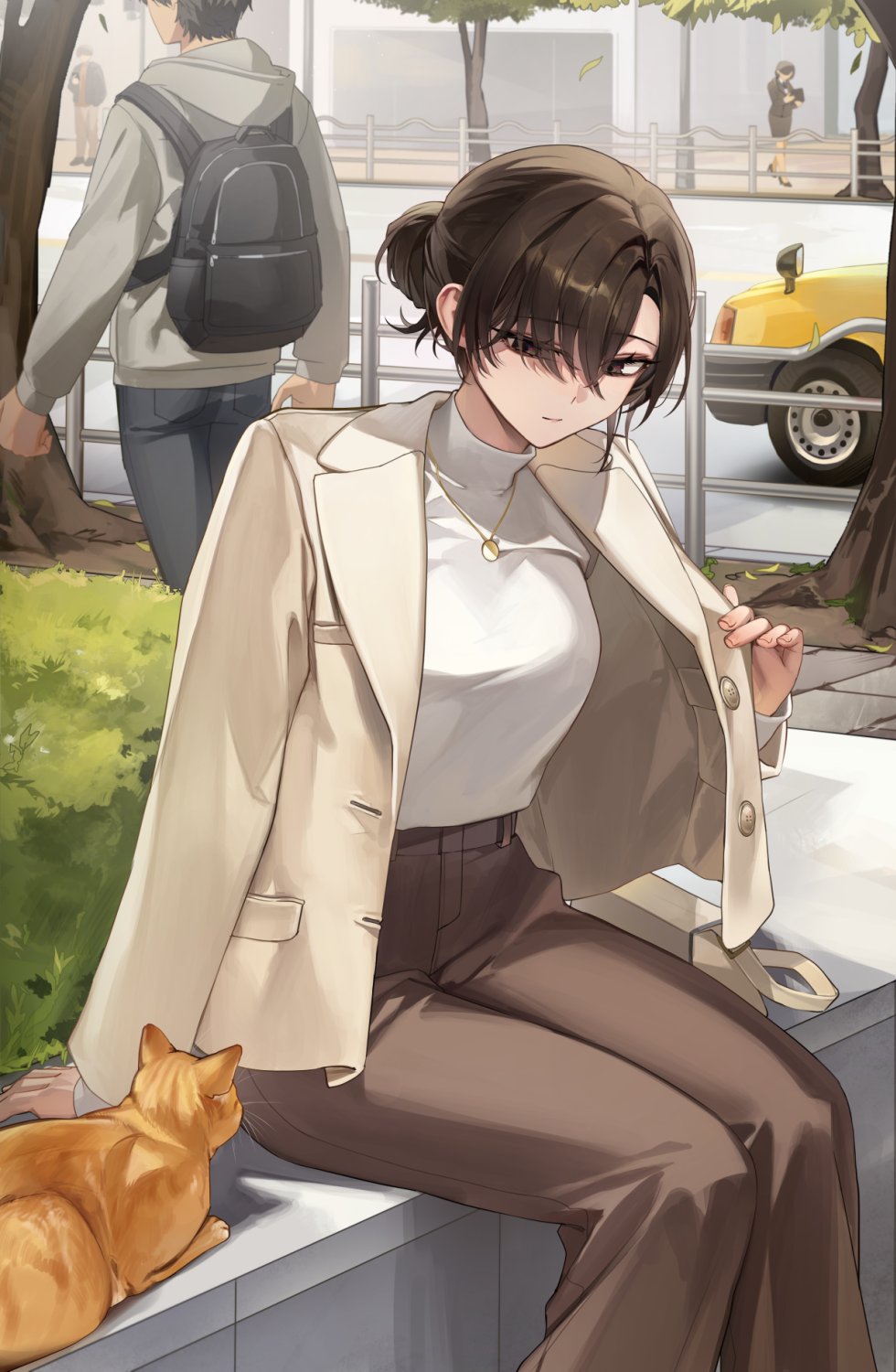 1girl black_eyes breasts brown_hair brown_jacket brown_pants cat closed_mouth commentary_request eyes_visible_through_hair hair_bun hair_over_one_eye highres jacket jewelry large_breasts looking_at_animal necklace open_clothes open_jacket original outdoors pants people sabotensuteeki shirt short_hair single_hair_bun sitting smile solo solo_focus turtleneck turtleneck_shirt white_shirt