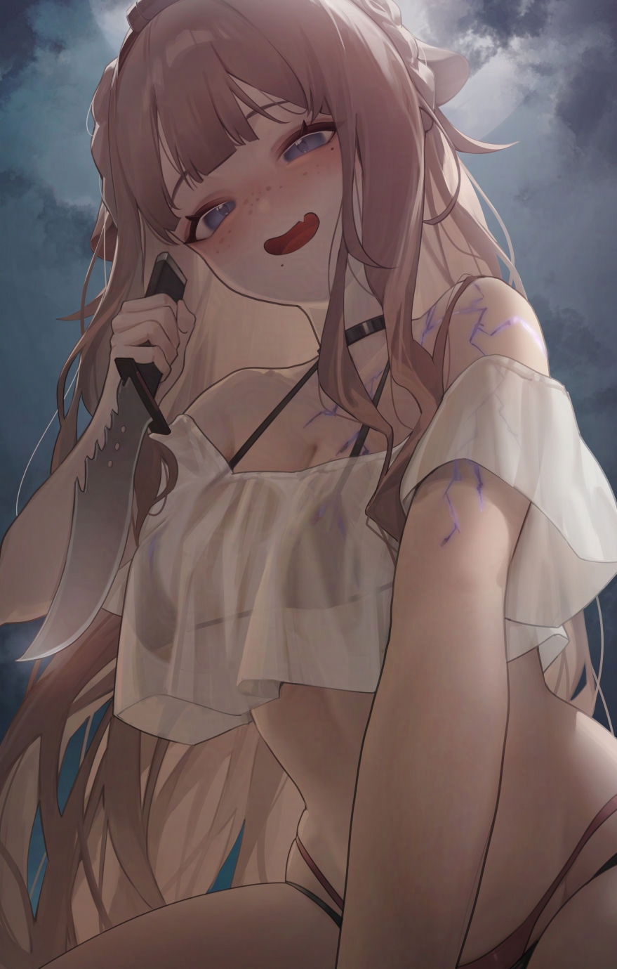 1girl bikini black_bra blue_eyes blunt_bangs blush bra braid breasts cloud cloudy_sky commission fang freckles glowing_veins highres holding holding_knife knife large_breasts metatarou open_mouth original pants pink_hair pov red_pants see-through_clothes skeb_commission skin_fang sky smile solo_focus swimsuit underwear